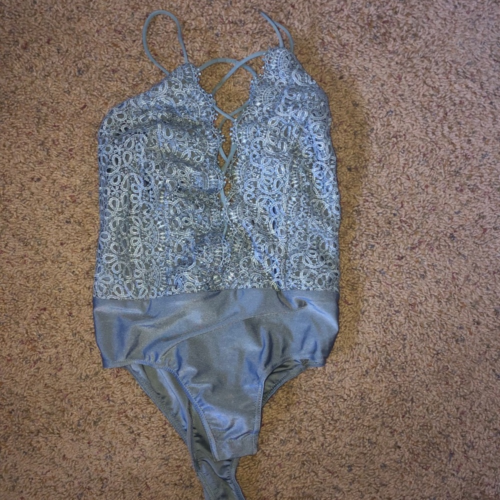Akira Grey bodysuit with embroidered top